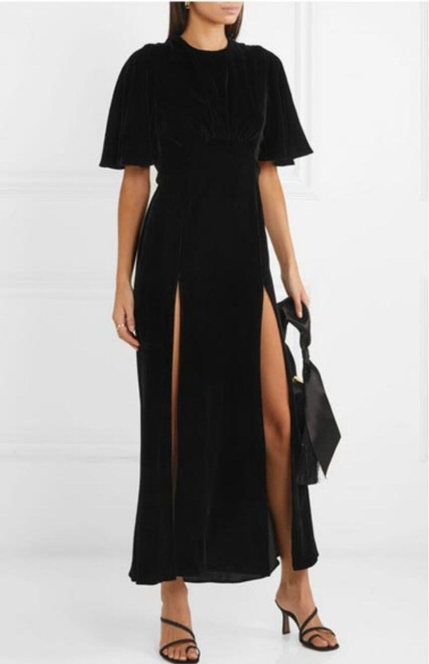 Les Reveries Black Velvet Maxi Dress Size 6 Short Sleeve Thigh Slits